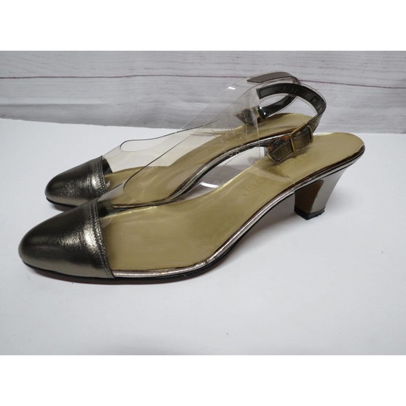 Vintage Jacobson's Clear Plastic & Pewter Slingback Heels Size 8 - Picture 1 of 10